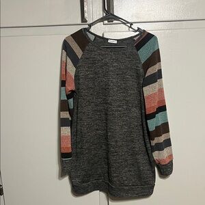 Charcoal Tunic with Multicolor Striped Sleeves